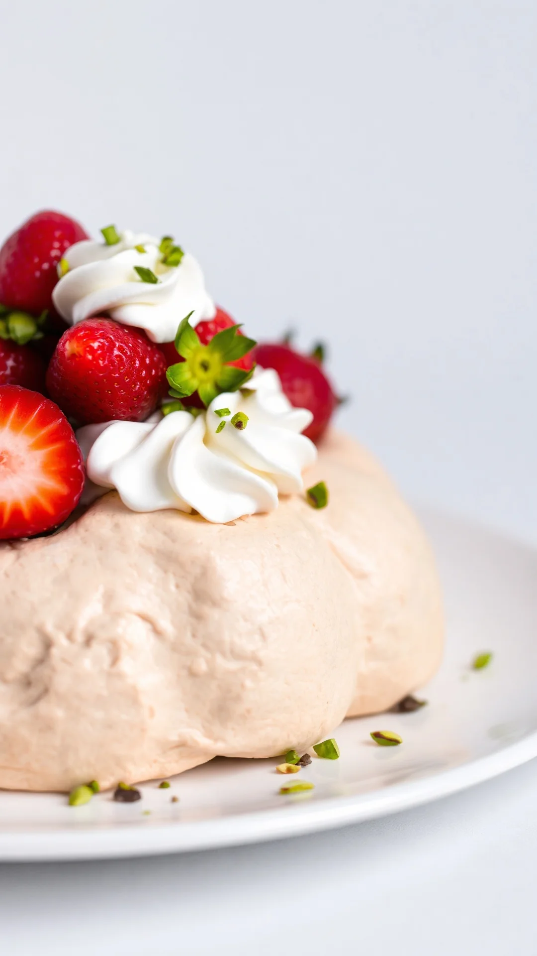 Elegant pavlova dessert topped with fresh strawberries and whipped cream, crushed pistachios, meringue base visible, white pl
