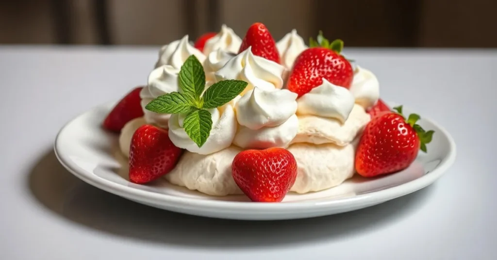 Elegant pavlova with fresh strawberries and whipped cream on white plate, gourmet French dessert photography, soft natural li