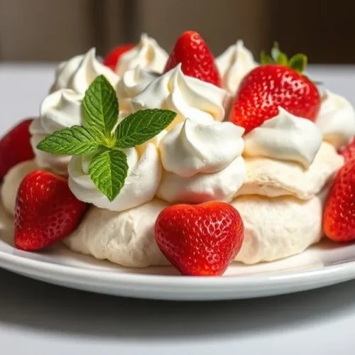 Elegant pavlova with fresh strawberries and whipped cream on white plate, gourmet French dessert photography, soft natural li