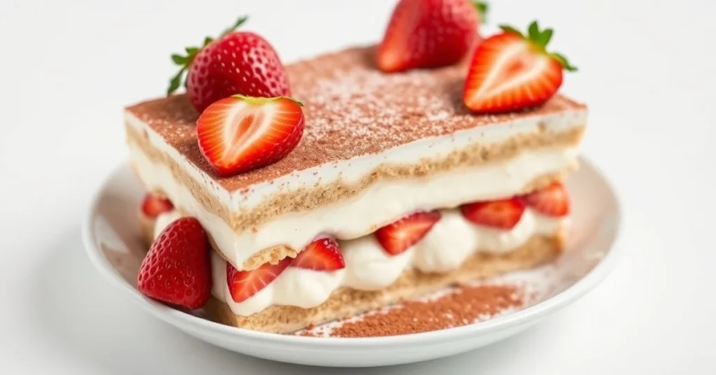 Elegant strawberry tiramisu dessert in white dish, layered with fresh red strawberries on top, dusted with cocoa powder, crea