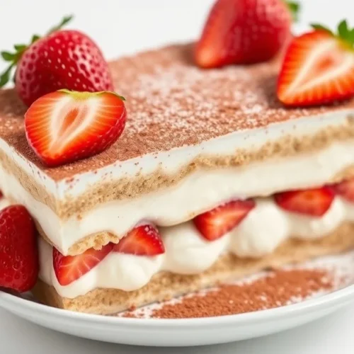 Elegant strawberry tiramisu dessert in white dish, layered with fresh red strawberries on top, dusted with cocoa powder, crea