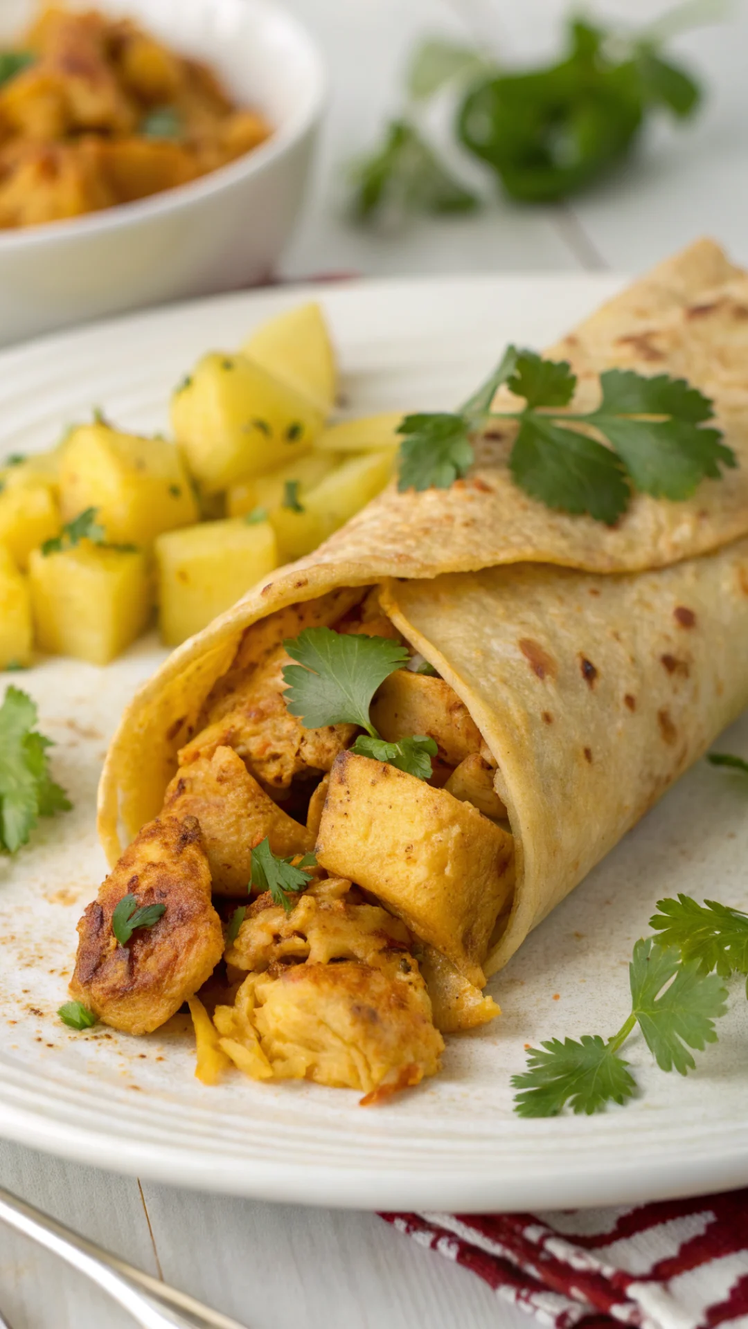 Exotic curry chicken crepe with golden brown crepe, spiced chicken filling, fresh pineapple chunks, cilantro garnish, tropica