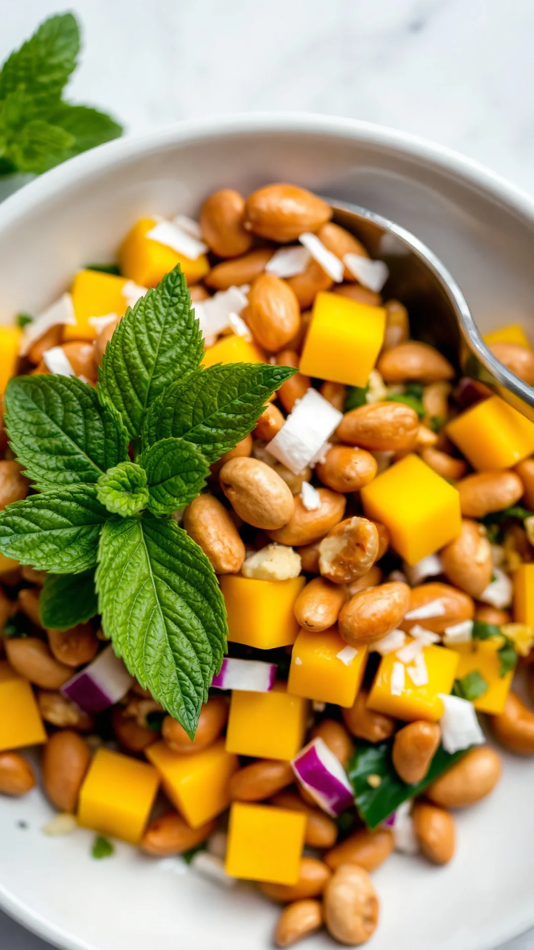 Exotic mango coconut tabbouleh with fresh mint, peanuts, coconut shreds, tropical colorful summer salad