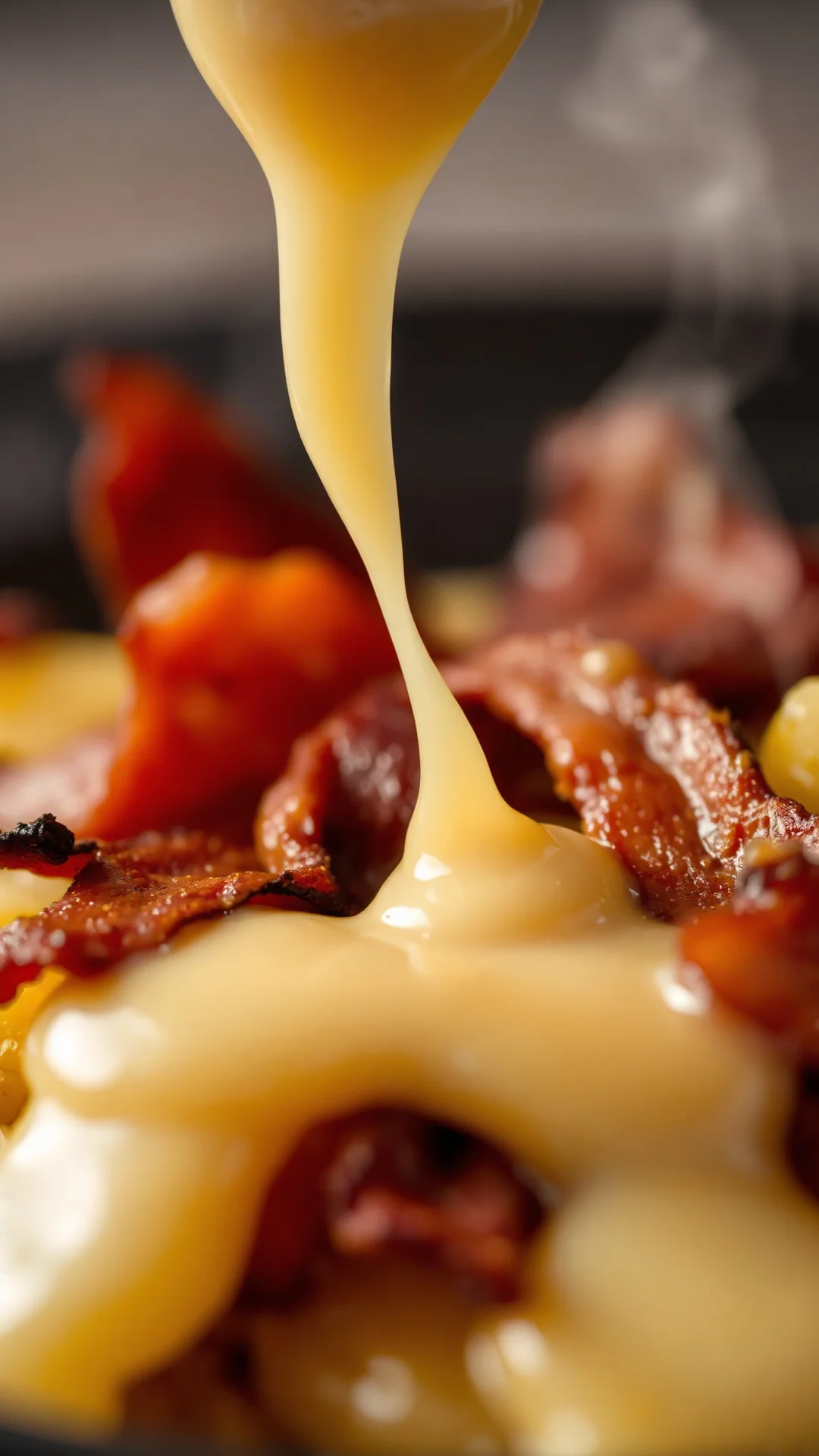 Extreme close-up of melted creamy reblochon cheese dripping over layers of potatoes and smoky bacon pieces, golden bubbling t