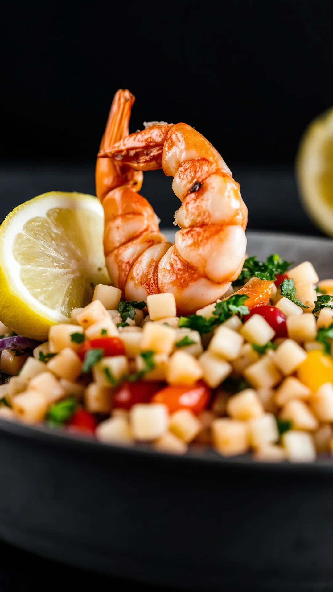 Extreme close-up of succulent pink cooked shrimp sitting atop fluffy tabbouleh, fresh herb garnish, lemon wedge, soft natural