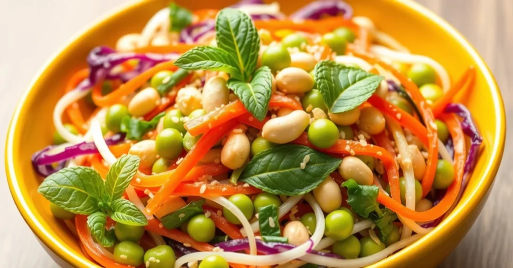 Fresh Asian salad with vibrant vegetables, crunchy cabbage, carrots, edamame, peanuts, mint leaves, sesame seeds in bright As