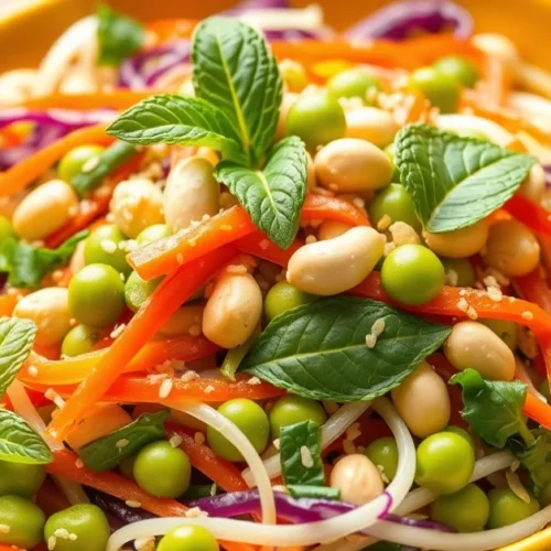 Fresh Asian salad with vibrant vegetables, crunchy cabbage, carrots, edamame, peanuts, mint leaves, sesame seeds in bright As