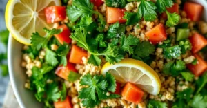 Fresh authentic Lebanese tabbouleh salad with vibrant green parsley, mint, bulgur wheat, diced tomatoes, garnished with lemon