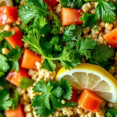 Fresh authentic Lebanese tabbouleh salad with vibrant green parsley, mint, bulgur wheat, diced tomatoes, garnished with lemon