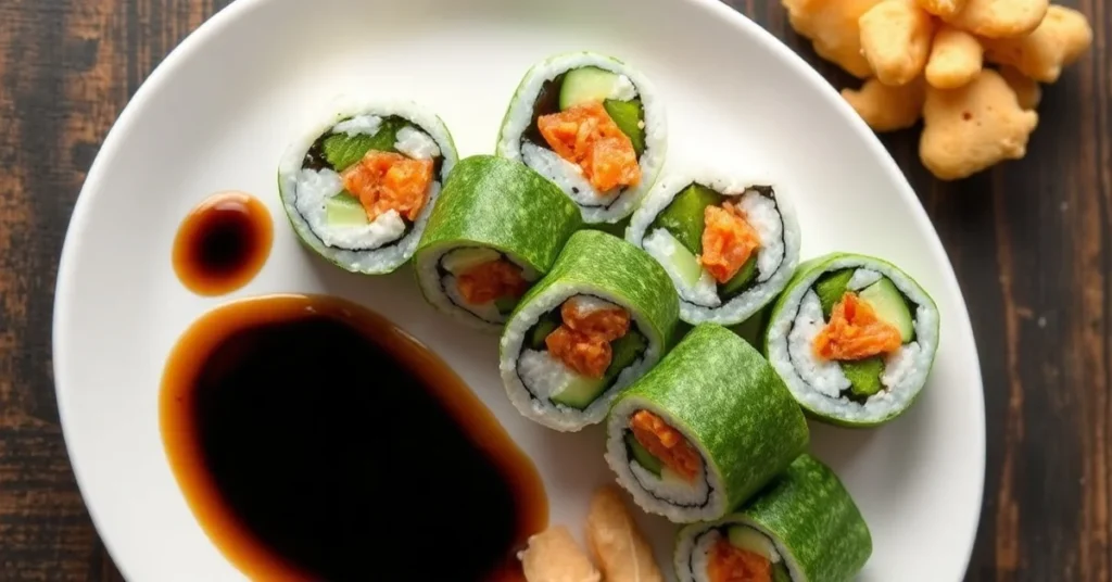 Fresh cucumber sushi rolls on white plate with soy sauce, wasabi, pickled ginger, professional food photography, natural ligh