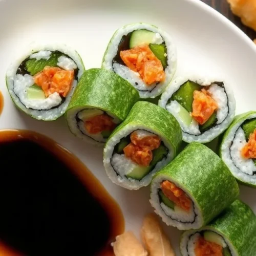 Fresh cucumber sushi rolls on white plate with soy sauce, wasabi, pickled ginger, professional food photography, natural ligh