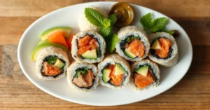 Fresh healthy sushi rolls with brown rice, avocado, salmon and vegetables on white plate, top view, clean aesthetic food phot