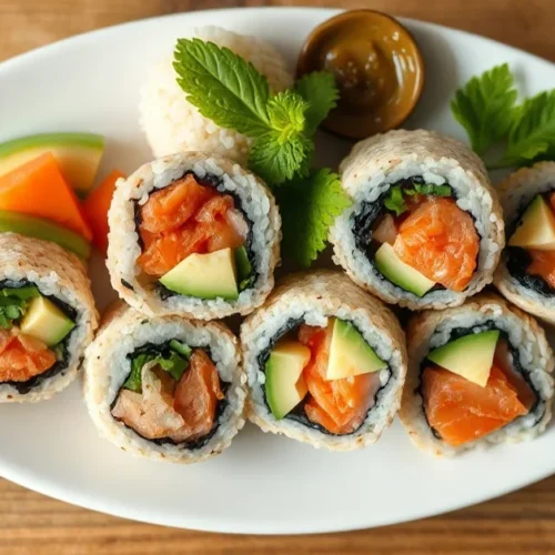 Fresh healthy sushi rolls with brown rice, avocado, salmon and vegetables on white plate, top view, clean aesthetic food phot
