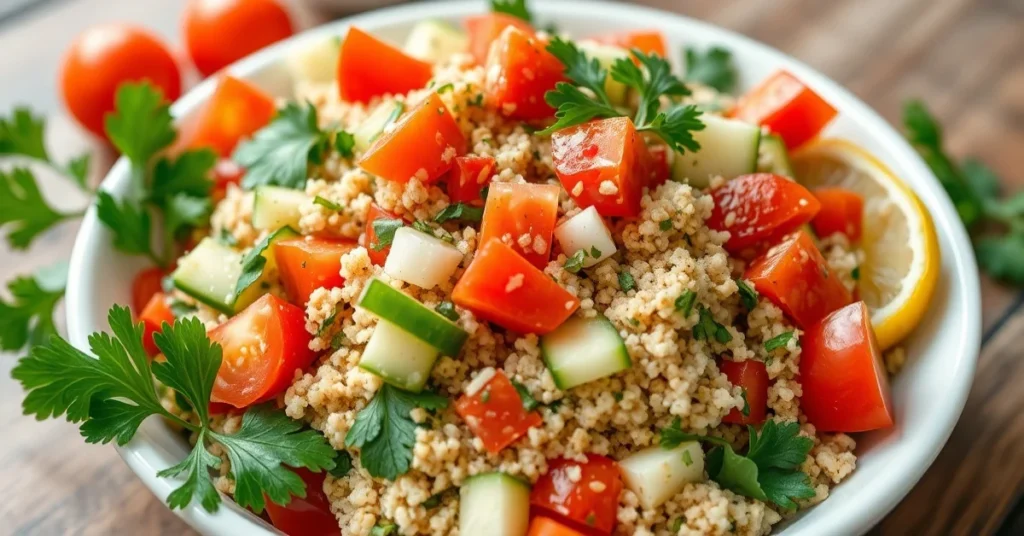 Fresh homemade tabbouleh salad with bulgur, parsley, tomatoes, cucumbers, lemon juice and olive oil, Mediterranean cuisine, v