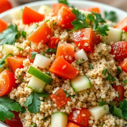 Fresh homemade tabbouleh salad with bulgur, parsley, tomatoes, cucumbers, lemon juice and olive oil, Mediterranean cuisine, v