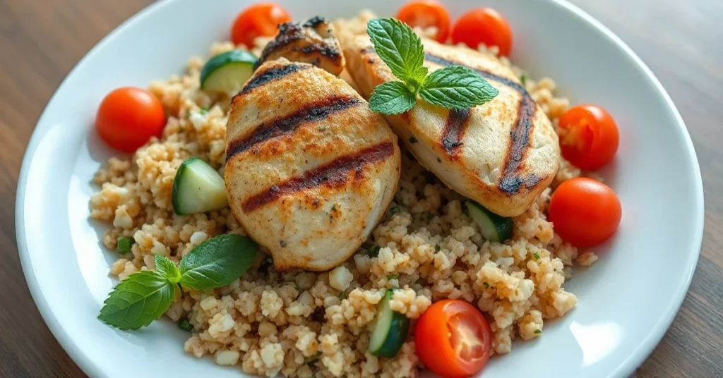 Fresh homemade tabbouleh salad with grilled chicken, bulgur wheat, cherry tomatoes, cucumber, fresh parsley mint, served on w