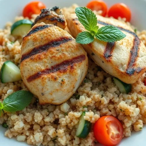 Fresh homemade tabbouleh salad with grilled chicken, bulgur wheat, cherry tomatoes, cucumber, fresh parsley mint, served on w