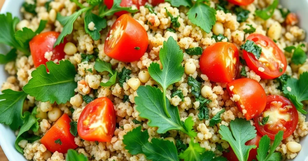 Fresh Lebanese tabbouleh salad with vibrant parsley, mint, tomatoes and bulgur, professional food photography, bright dayligh