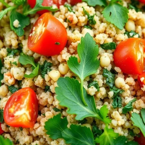 Fresh Lebanese tabbouleh salad with vibrant parsley, mint, tomatoes and bulgur, professional food photography, bright dayligh