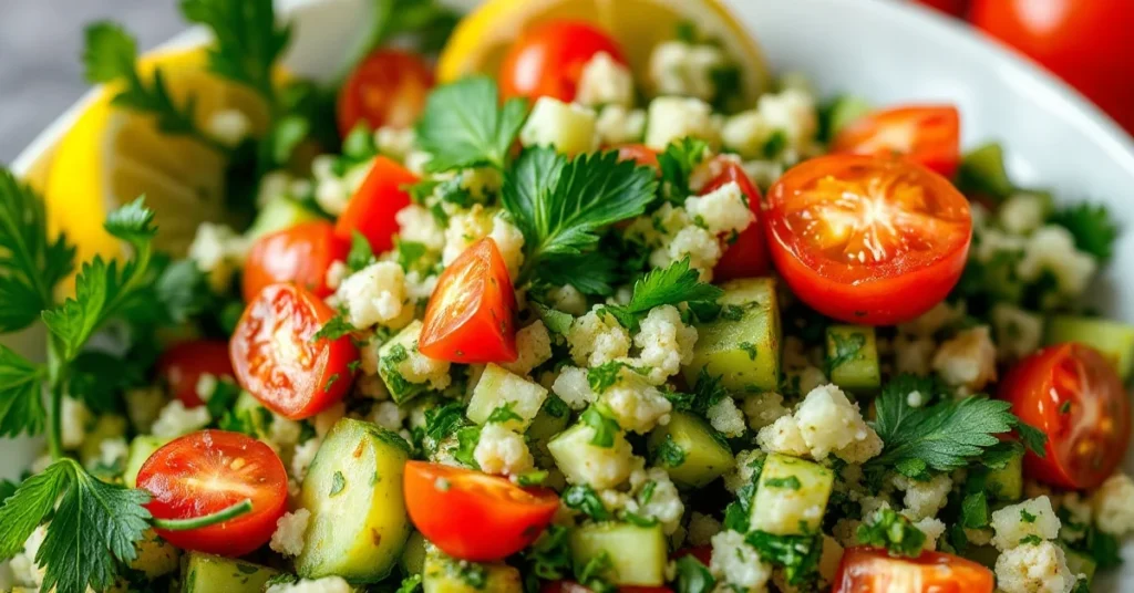 Fresh lemon tabbouleh salad with vibrant green parsley mint cucumber tomatoes olive oil Mediterranean cuisine summer