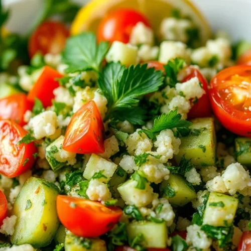 Fresh lemon tabbouleh salad with vibrant green parsley mint cucumber tomatoes olive oil Mediterranean cuisine summer