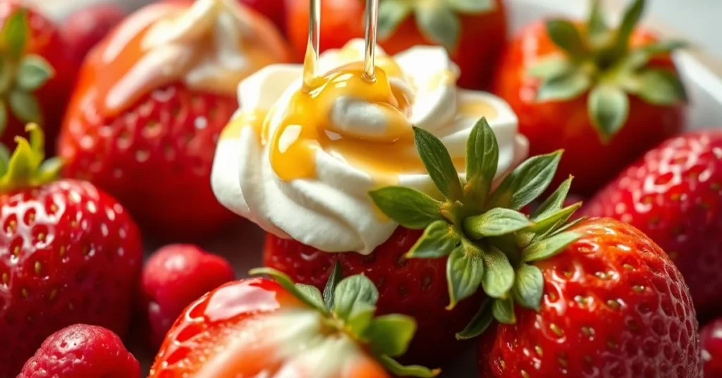 Fresh strawberries with whipped cream, honey drizzle, lemon juice, elegant plated dessert, summer fruit, close-up food photog