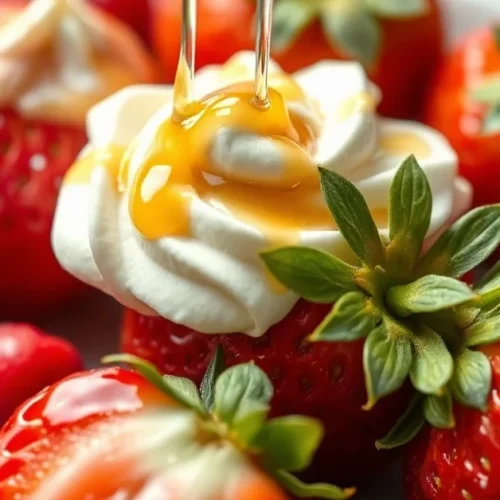 Fresh strawberries with whipped cream, honey drizzle, lemon juice, elegant plated dessert, summer fruit, close-up food photog
