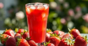 Fresh strawberry juice in clear glass with ice, vibrant red color, strawberries scattered around, natural sunlight, summer re