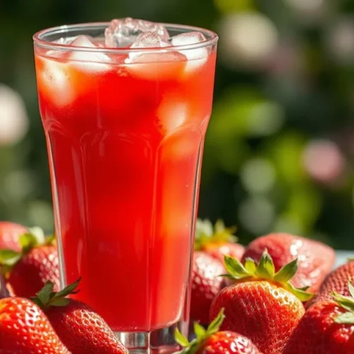 Fresh strawberry juice in clear glass with ice, vibrant red color, strawberries scattered around, natural sunlight, summer re
