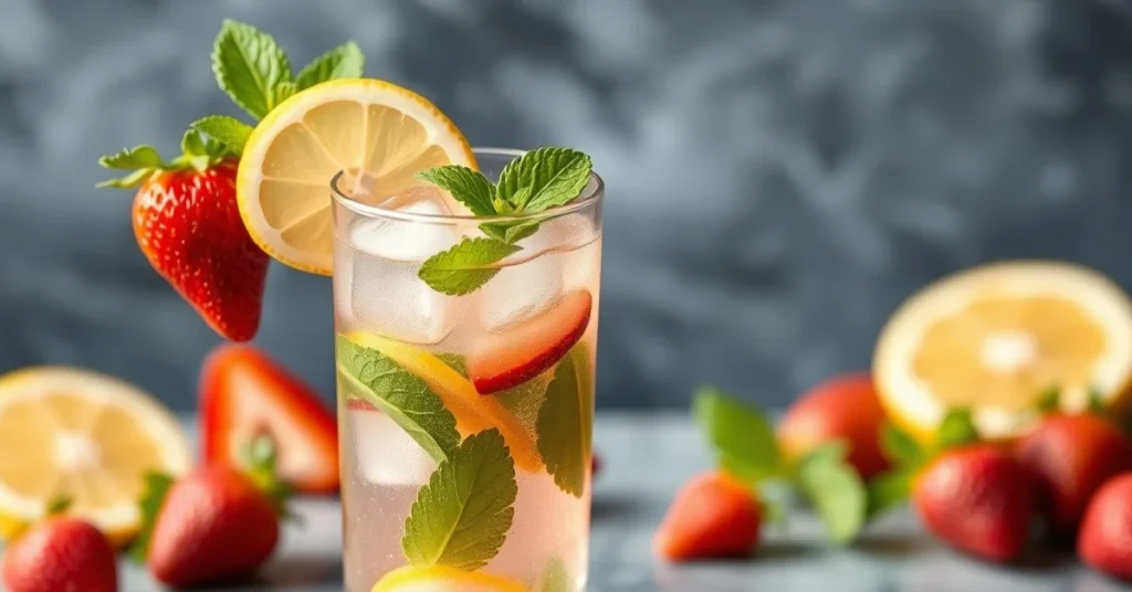 Fresh strawberry virgin mojito cocktail in tall glass, crushed mint leaves, ice cubes, citrus slice, summer beverage photogra