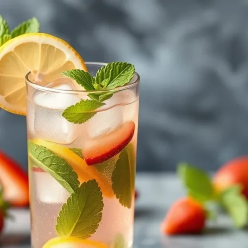 Fresh strawberry virgin mojito cocktail in tall glass, crushed mint leaves, ice cubes, citrus slice, summer beverage photogra