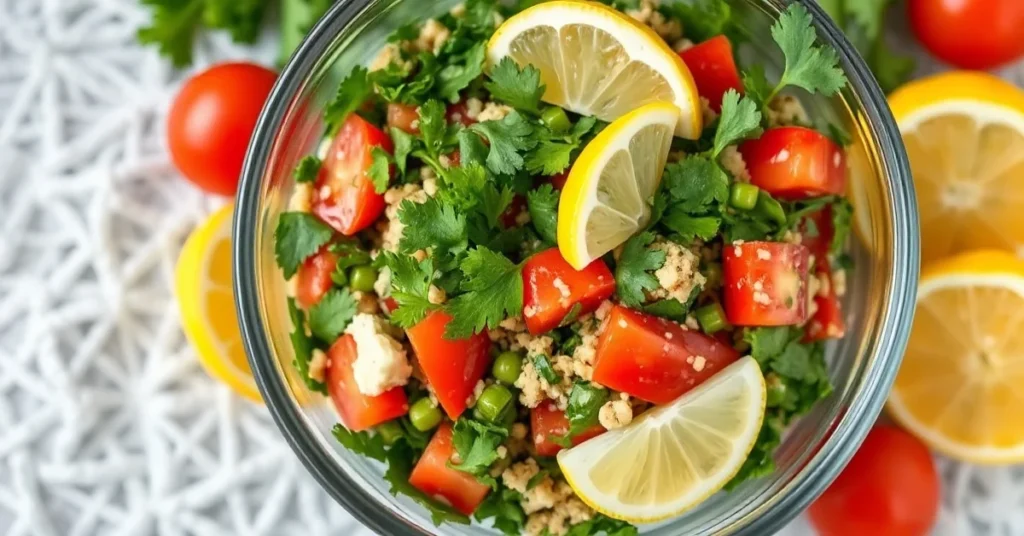 Fresh tabbouleh salad in a transparent bowl, vibrant green parsley, ripe red tomatoes, lemon wedges, Mediterranean style food