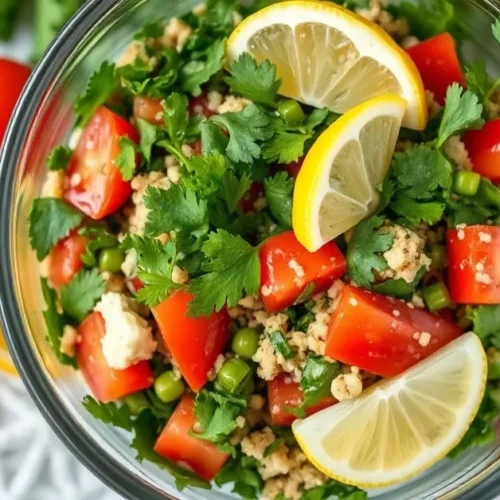 Fresh tabbouleh salad in a transparent bowl, vibrant green parsley, ripe red tomatoes, lemon wedges, Mediterranean style food