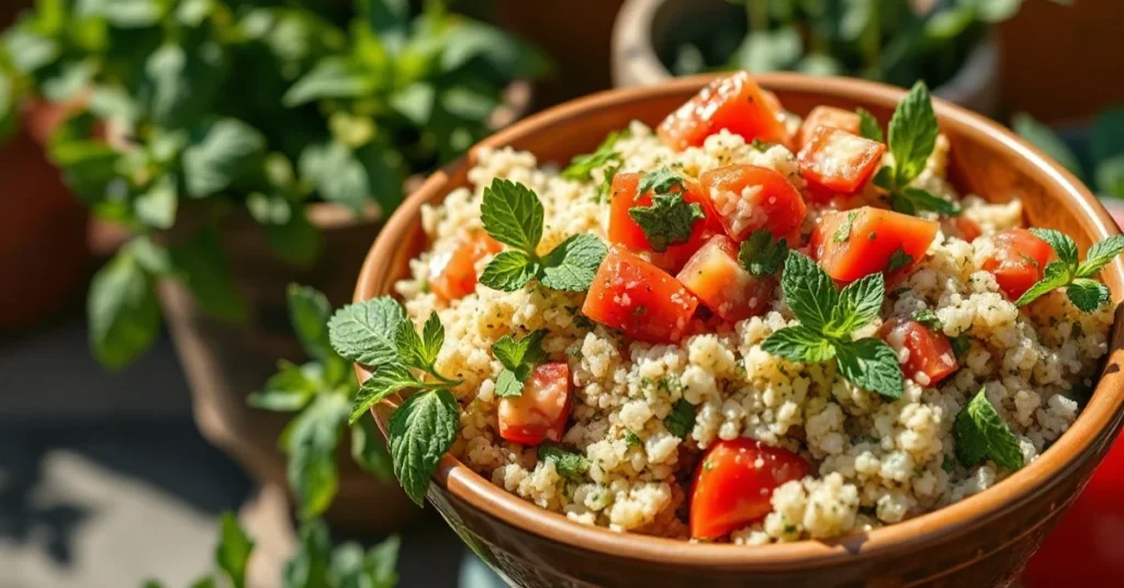 Fresh tabbouleh salad with bulgur, parsley, tomatoes, and mint in ceramic bowl, vibrant green herbs, Mediterranean style, sun