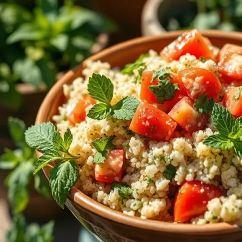Fresh tabbouleh salad with bulgur, parsley, tomatoes, and mint in ceramic bowl, vibrant green herbs, Mediterranean style, sun