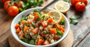 Fresh tabbouleh salad with bulgur, ripe tomatoes, fresh parsley, mint, lemon citrus, served in white bowl, Mediterranean styl