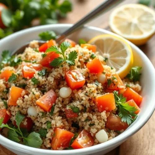 Fresh tabbouleh salad with bulgur, ripe tomatoes, fresh parsley, mint, lemon citrus, served in white bowl, Mediterranean styl
