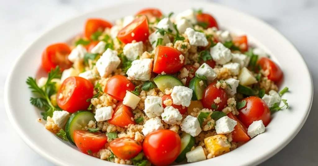 Fresh tabbouleh salad with crumbled feta cheese, cherry tomatoes, cucumber, herbs, Mediterranean cuisine, vibrant and appetiz