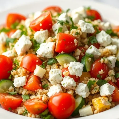 Fresh tabbouleh salad with crumbled feta cheese, cherry tomatoes, cucumber, herbs, Mediterranean cuisine, vibrant and appetiz