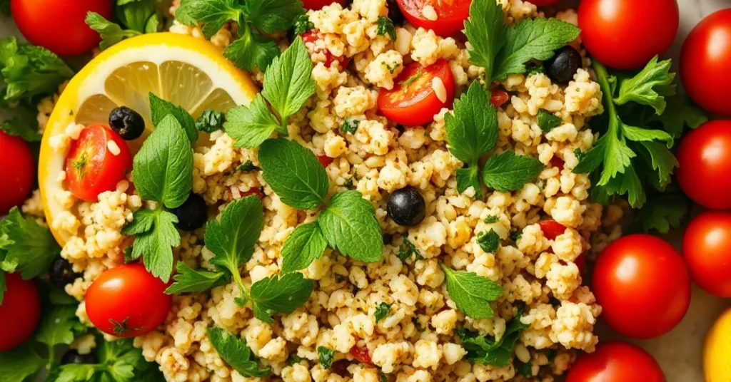 Fresh tabbouleh salad with parsley, mint, bulgur, cherry tomatoes, lemon juice, olive oil, vibrant Mediterranean cuisine, app