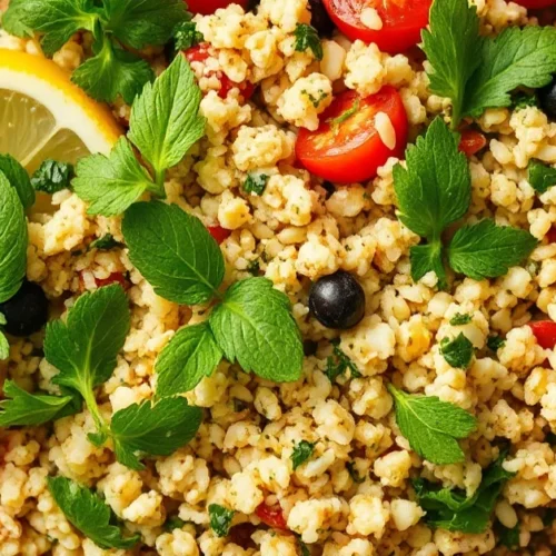 Fresh tabbouleh salad with parsley, mint, bulgur, cherry tomatoes, lemon juice, olive oil, vibrant Mediterranean cuisine, app