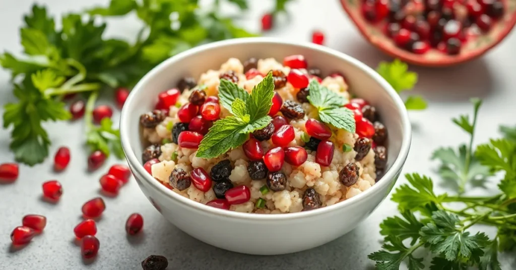Fresh tabbouleh with raisins in white bowl, garnished with pomegranate seeds, mint leaves, parsley, flat lay food photography