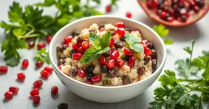 Fresh tabbouleh with raisins in white bowl, garnished with pomegranate seeds, mint leaves, parsley, flat lay food photography