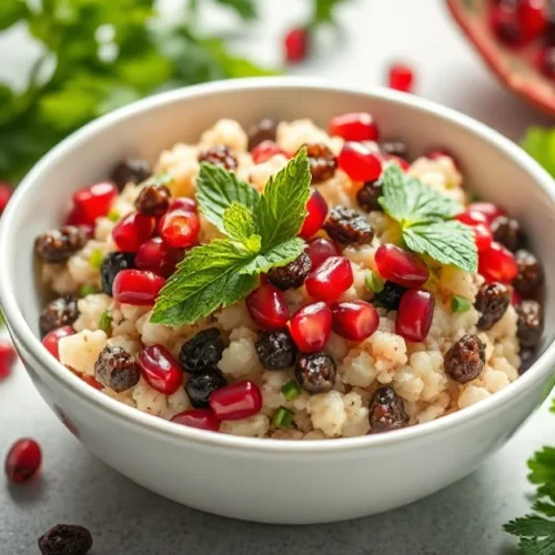 Fresh tabbouleh with raisins in white bowl, garnished with pomegranate seeds, mint leaves, parsley, flat lay food photography
