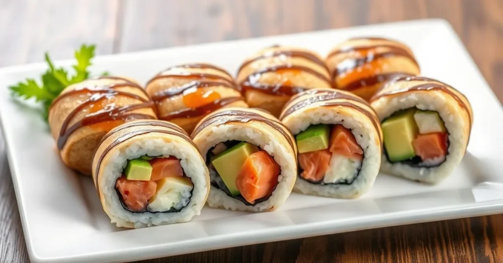 Fresh taco sushi rolls arranged beautifully on white plate, colorful salmon avocado cucumber fillings visible, artistic food