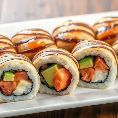 Fresh taco sushi rolls arranged beautifully on white plate, colorful salmon avocado cucumber fillings visible, artistic food