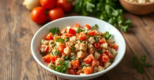 Fresh vibrant tabbouleh salad in a white bowl, Mediterranean herbs, diced tomatoes, parsley, mint, lemon dressing, rustic woo