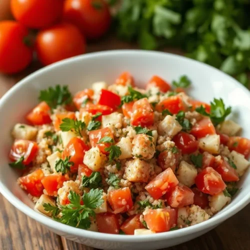 Fresh vibrant tabbouleh salad in a white bowl, Mediterranean herbs, diced tomatoes, parsley, mint, lemon dressing, rustic woo