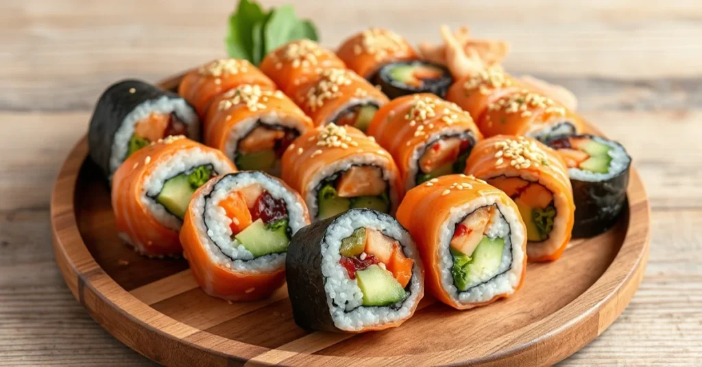 Freshly made colorful vegetarian sushi rolls arranged beautifully on a wooden plate, garnished with sesame seeds, wasabi, pic