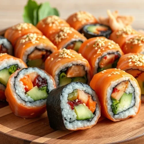 Freshly made colorful vegetarian sushi rolls arranged beautifully on a wooden plate, garnished with sesame seeds, wasabi, pic